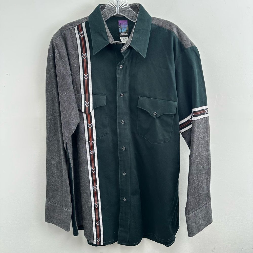 Vintage Green Western Custer Long Sleeve Button Front Shirt 100% Cotton Size L